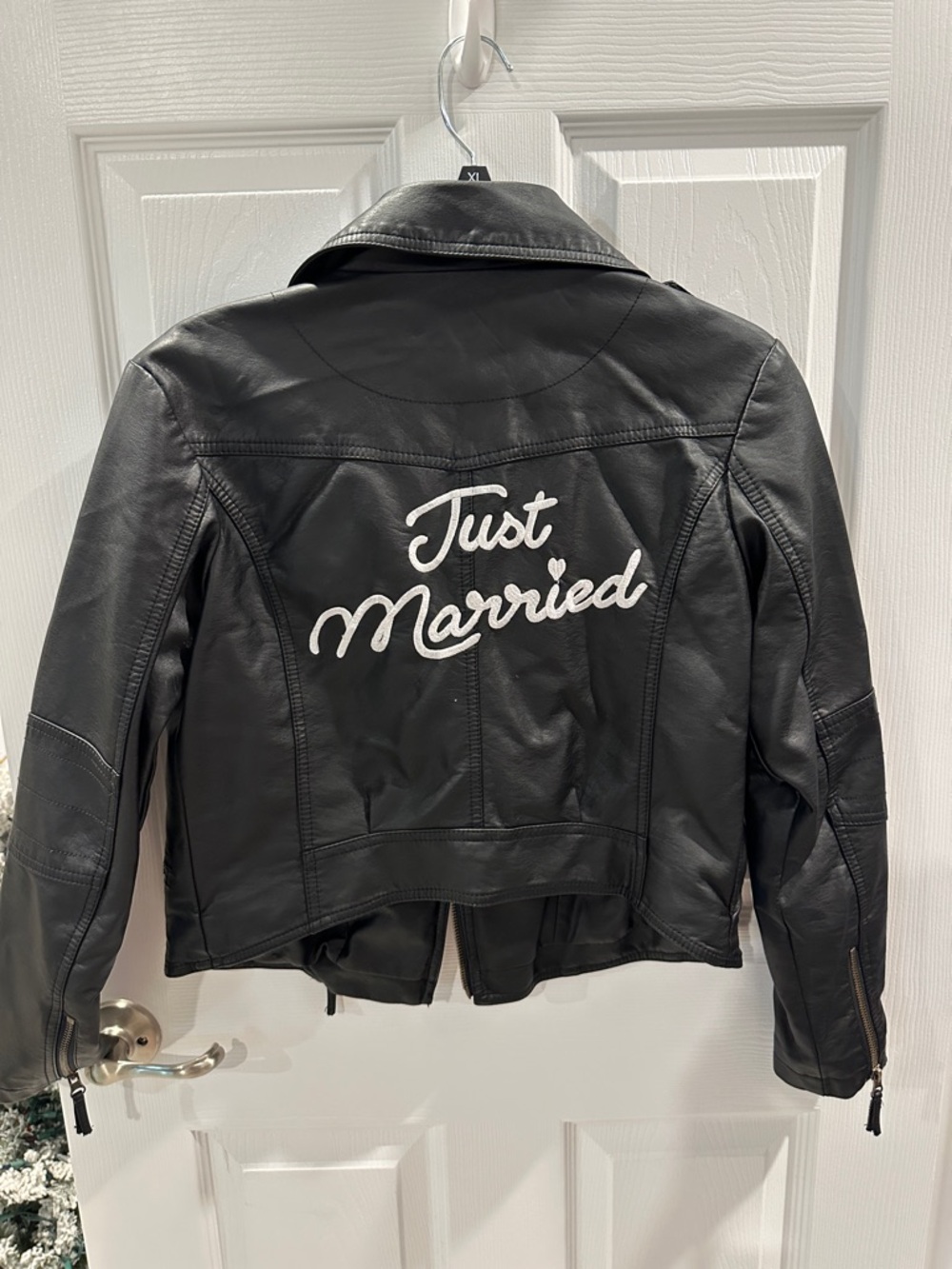 David's Bridal Black Leather Jacket with White 'Just Married' Script